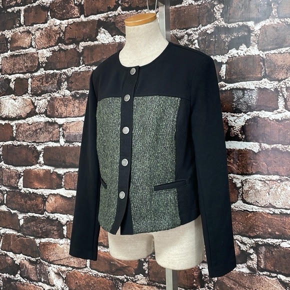 Cabi Jacket Women's Medium Green Black Mixed Media Blazer Cropped Snap Buttons - Picture 5 of 15